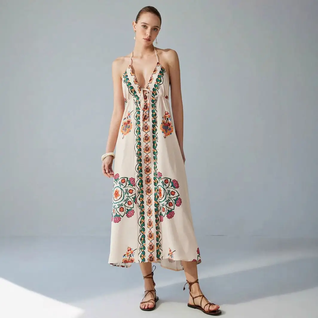 Vacation Spaghetti Straps Colorful Flower Print Maxi Dress