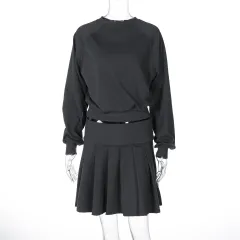 Long Sleeve Sweater Pleated Skirt Two-piece Suit - Dark Grey - View 1
