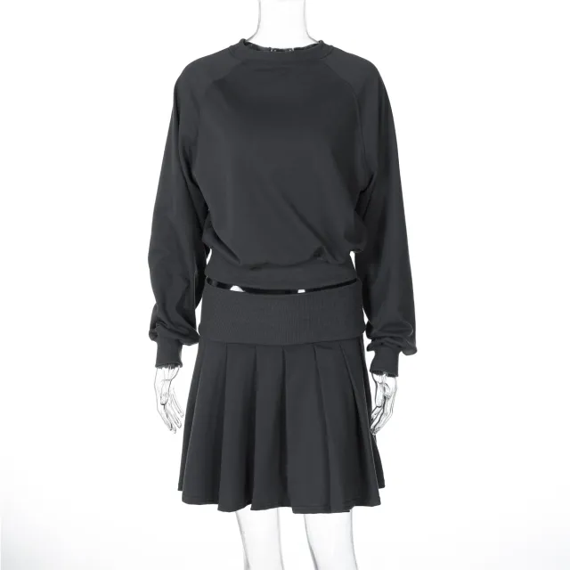 Long Sleeve Sweater Pleated Skirt Two piece Suit Dark Gray - Shop at LoveMi