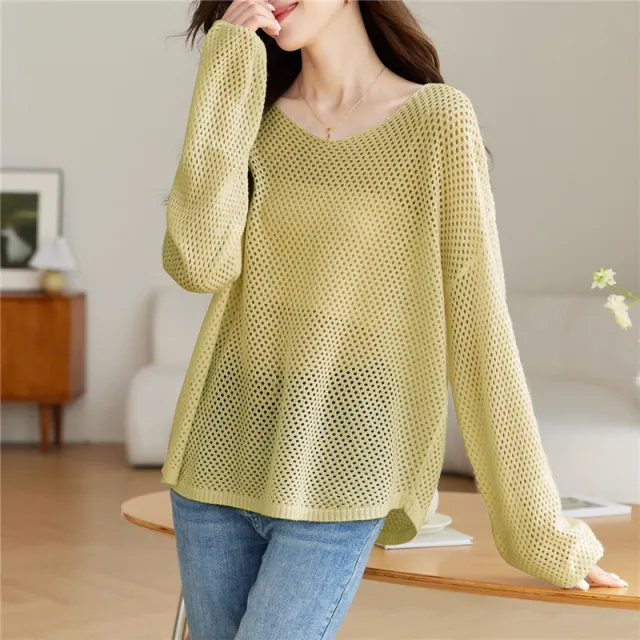 Color Hollow Thin Knitwear T shirt Women Green - Shop at LoveMi