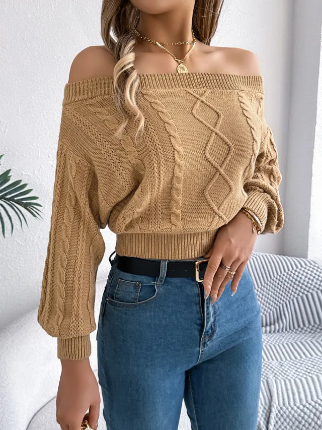 Women's Casual Solid Color Off shoulder Long Sleeve Pullover Sweater Khaki - Shop at LoveMi