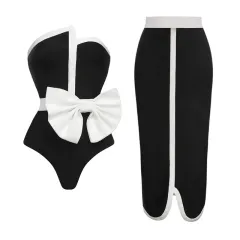 Black And White Color-blocking Bow Irregular Tube Top One-piece Swimsuit For Women - Black - View 1