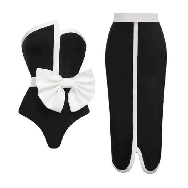Black And White Color blocking Bow Irregular Tube Top One piece Swimsuit For Women Black - Shop at LoveMi