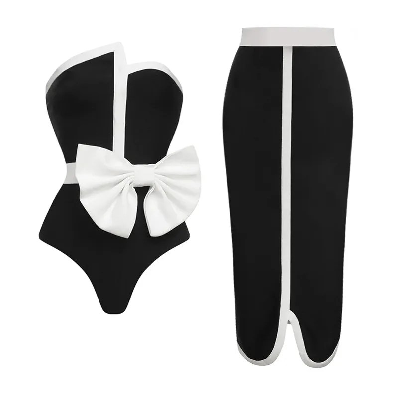 Black And White Color-blocking Bow Irregular Tube Top One-piece Swimsuit For Women - Black