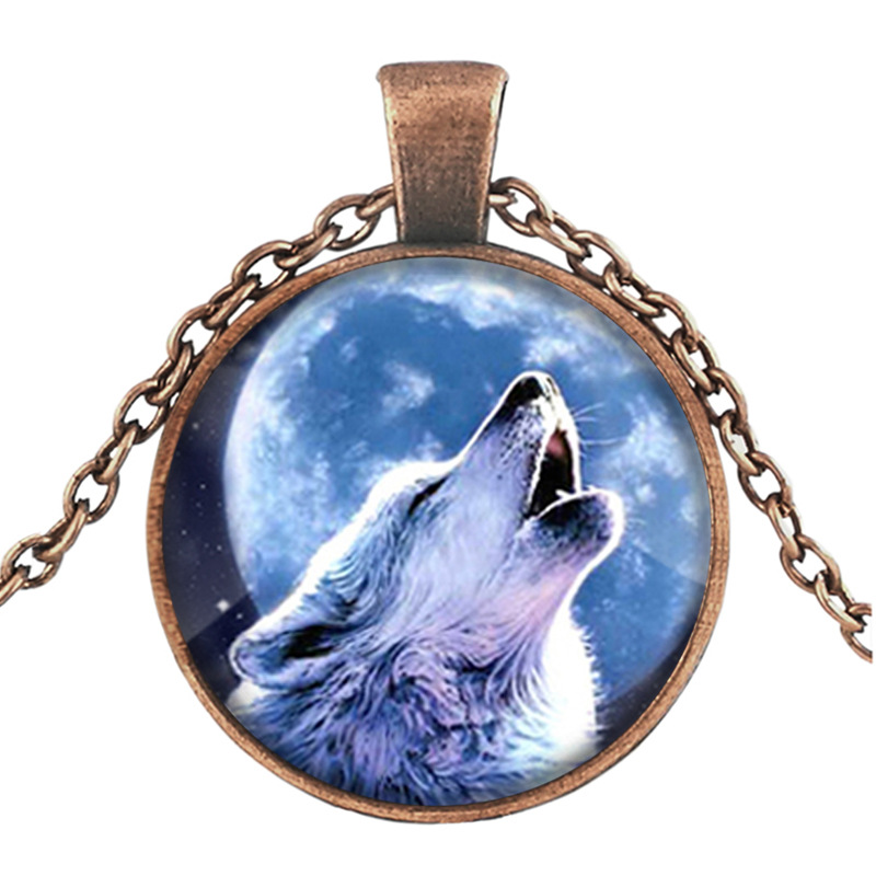 European And American New Bronze Glass Ornament Wolf Totem Time Stone Pendant Necklace
