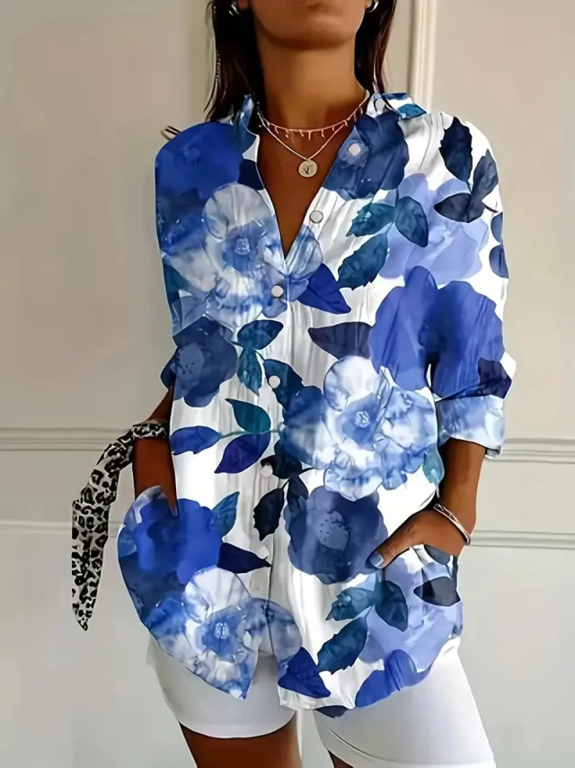 Women's Color Matching Casual Loose Button Digital Printing Shirt Style04 3Xl - Shop at LoveMi