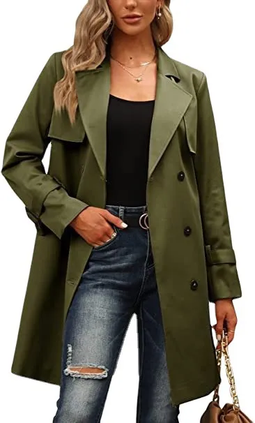 European And American Autumn Women's Double Breasted Fashion Casual Trench Coat Army Green - Shop at LoveMi