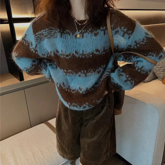 Maillard Sweater Women Loose And Lazy Style Blue & Coffee Stripes - Shop at LoveMi