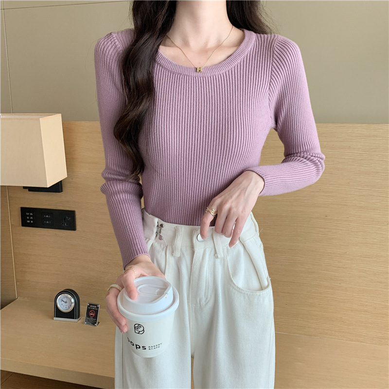 Tight Round Neck Long Sleeves Inner Wear Bottoming Sweater Light Purple - Shop at LoveMi
