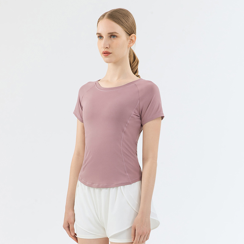 Mesh Stitching Yoga Short sleeved Sports T shirt Women's Round Neck Top Soft Light Purple - Shop at LoveMi