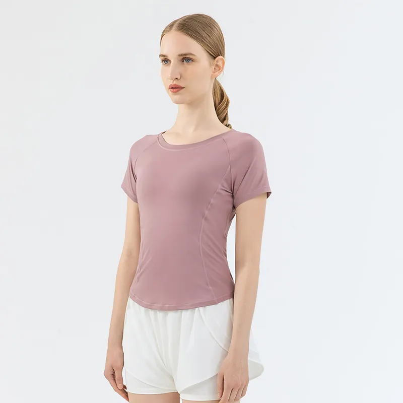 Mesh Stitching Yoga Short-sleeved Sports T-shirt Women's Round Neck Top - Soft Light Purple