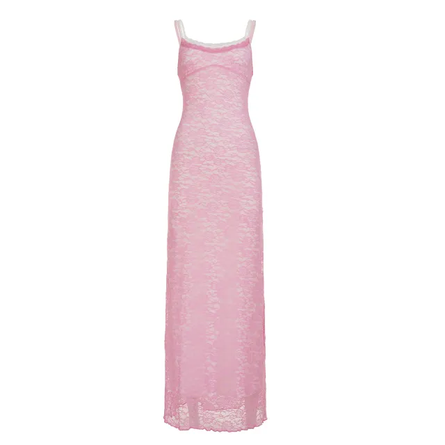 Double layer Stitching Contrast Color Lace Dress Pink - Shop at LoveMi