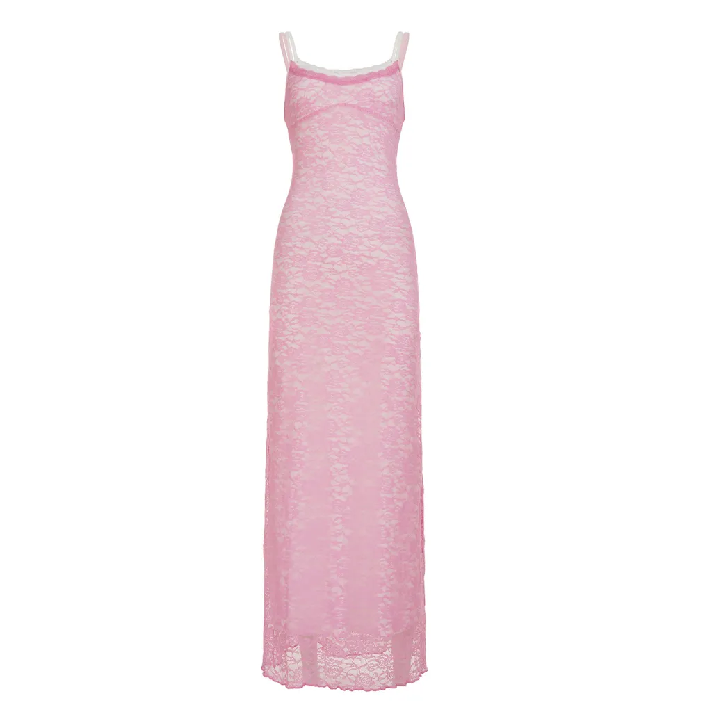 Double-layer Stitching Contrast Color Lace Dress - Pink