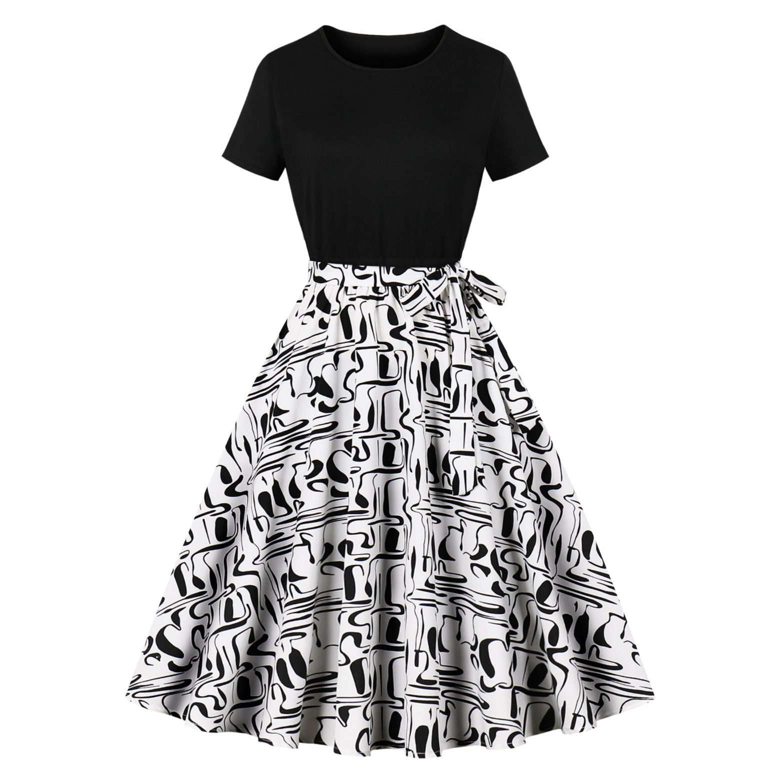 Summer Retro Women's Round Neck Short Sleeve Black Assortment Printing Large Swing Dress