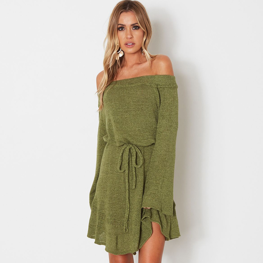 Off-Shoulder Lace-Up Sweater Dress For Women