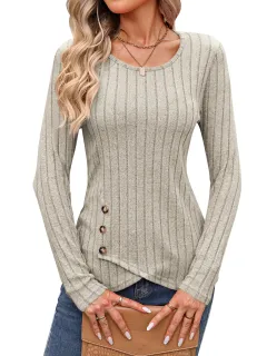 Waist Tight Tight Round Neck Tight Long-sleeved Top - Apricot - View 1