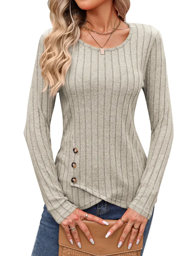 Waist Tight Tight Round Neck Tight Long sleeved Top Apricot - Shop at LoveMi