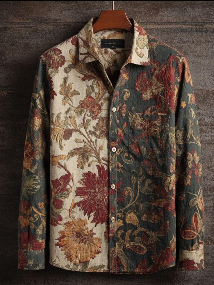 Retro Casual American-style Loose-fitting Mens Printed Long-sleeve Floral Shirt