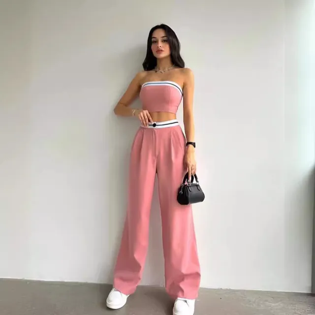 Women's Sports Vest Tube Top High Waist Wide Leg Pants Casual Suit Pink - Shop at LoveMi