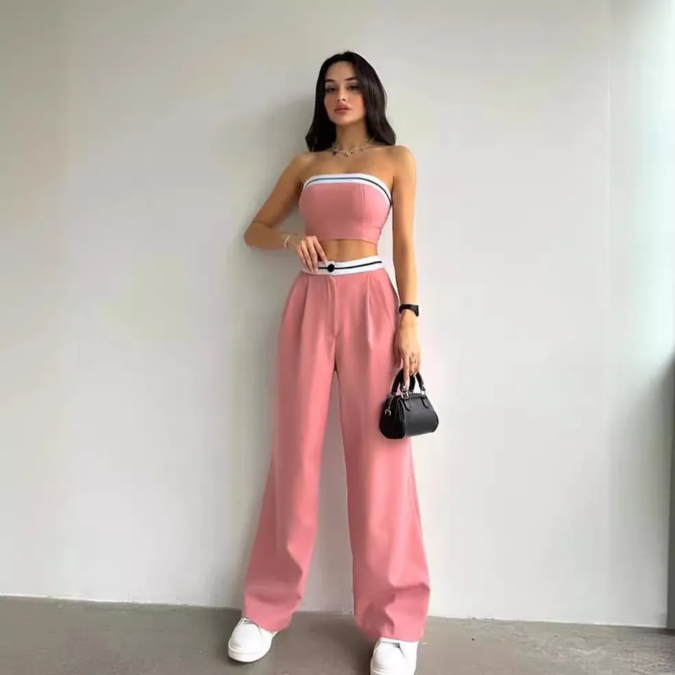 Women's Sports Vest Tube Top High Waist Wide Leg Pants Casual Suit - Pink