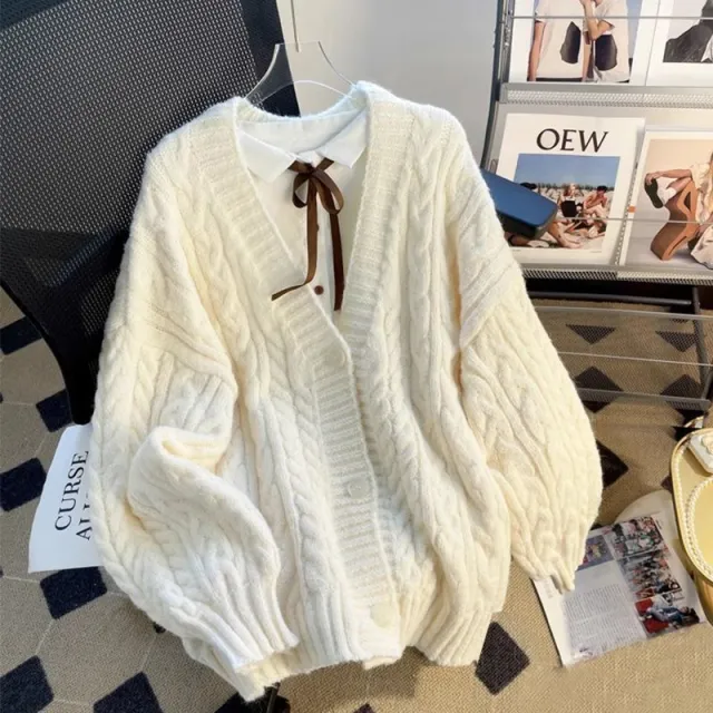Womens Solid Color Loose Soft Textured Cable Knit Sweater Jacket White - Shop at LoveMi
