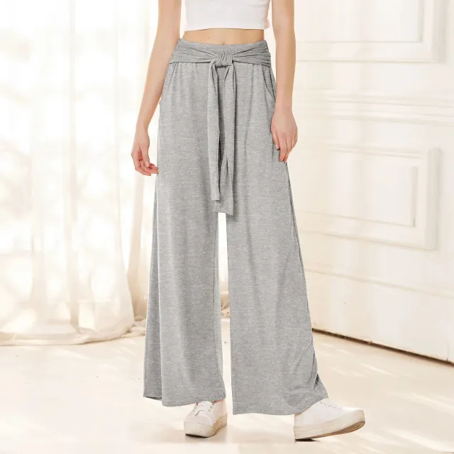 Women's Solid Color Draping Lace up Wide leg Pants Shallow Flower Ash - Shop at LoveMi