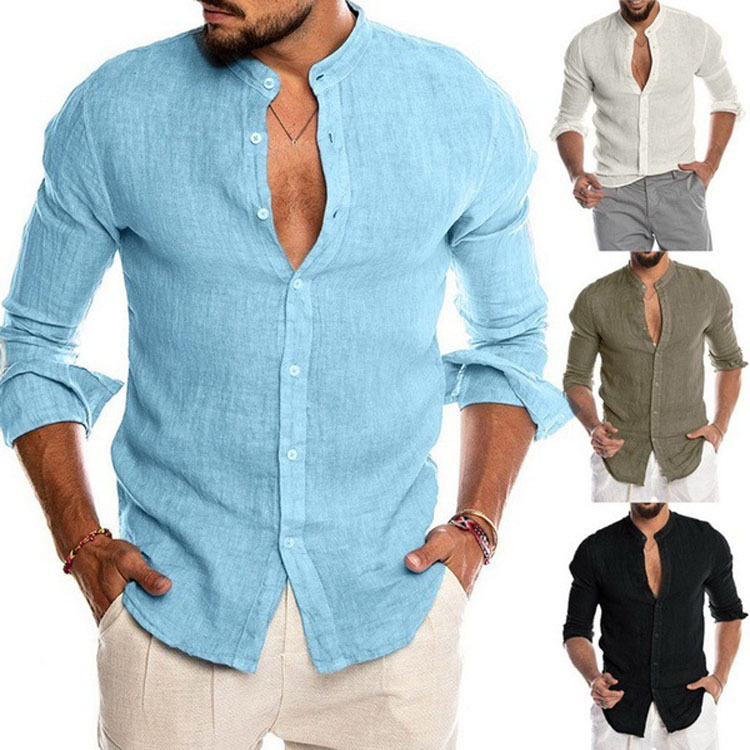 V-neck Linen New Cardigan Stand-collar Long-sleeve Men's Shirt