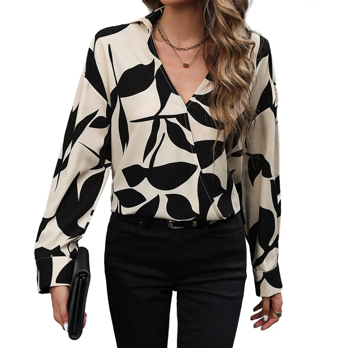 Printed V-Neck Long-Sleeve Loose Casual Fashion Top