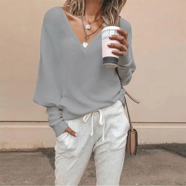 Solid Color And V neck Batwing Sleeve Long Sleeve T shirt Top For Women Gray - Shop at LoveMi