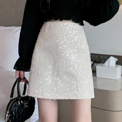 Sequined Skirt High Waist Black Sheath A- Line Skirt - Beige - View 1