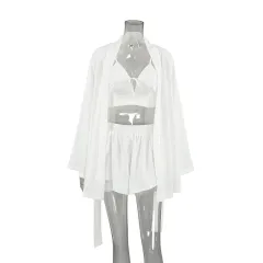 Chiffon Long-sleeved Sexy Underwear Slit Shorts Three-piece Pyjamas - White - View 1