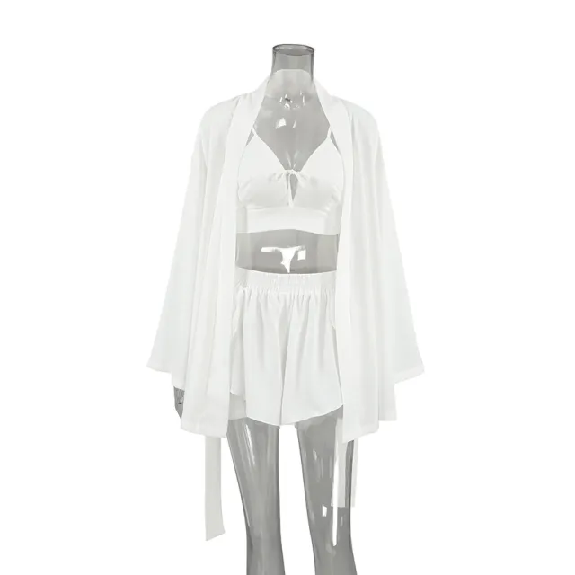 Chiffon Long sleeved Sexy Underwear Slit Shorts Three piece Pajamas White - Shop at LoveMi