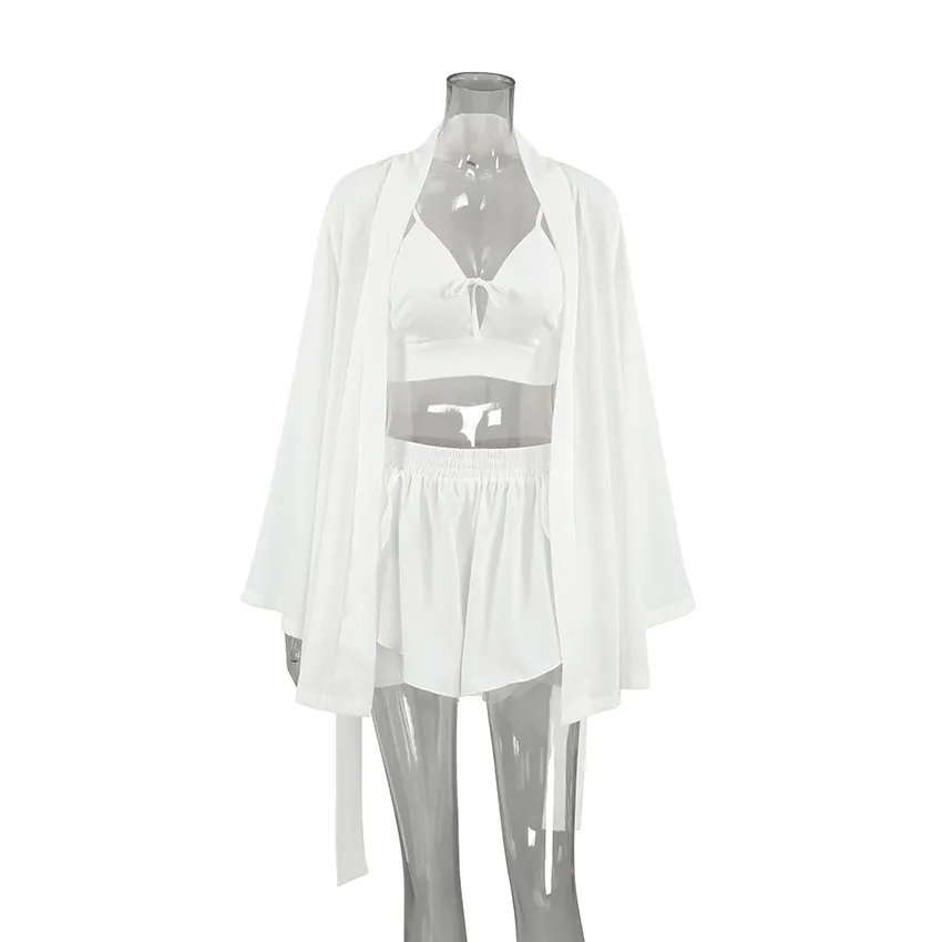 Chiffon Long-sleeved Sexy Underwear Slit Shorts Three-piece Pajamas - White