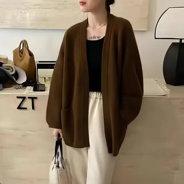 Design Pocket Knitted Cardigan Top Women's Sweater Brown - Shop at LoveMi