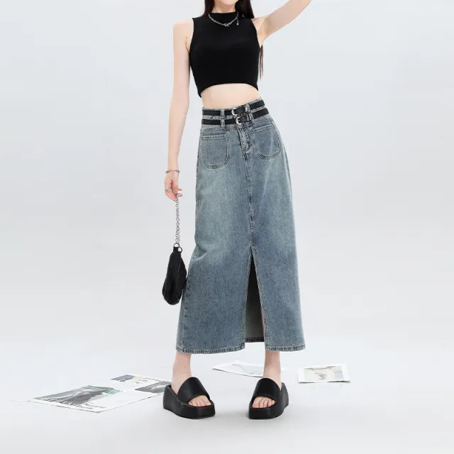 Women's Double Belt Slit Denim Skirt Blue - Shop at LoveMi