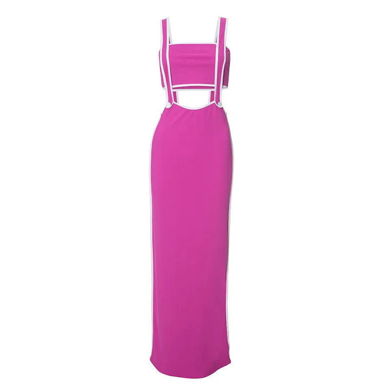 Short Top Back Strap Buckle Long Skirt Two-piece Set - Rose Red