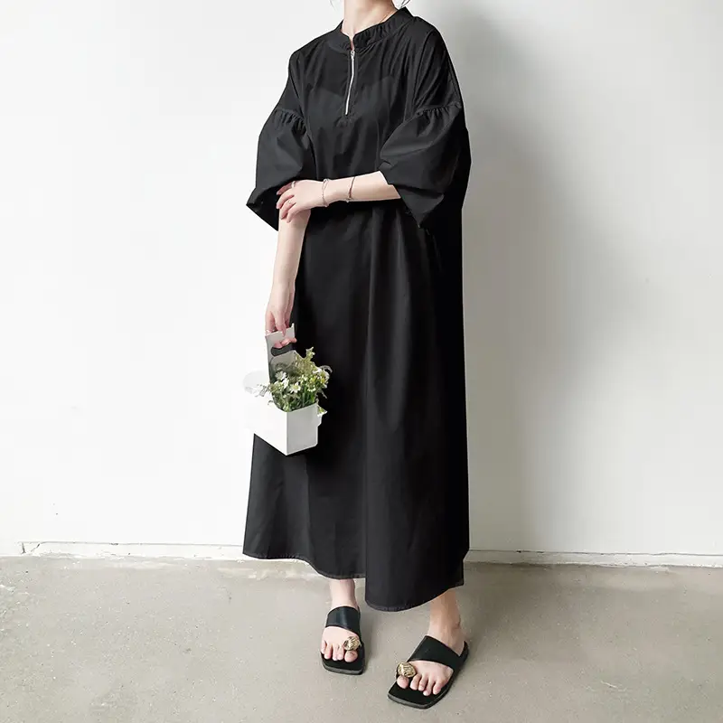 Lantern Sleeve Loose Chest Zipper Long A- Line Short Sleeve Dress