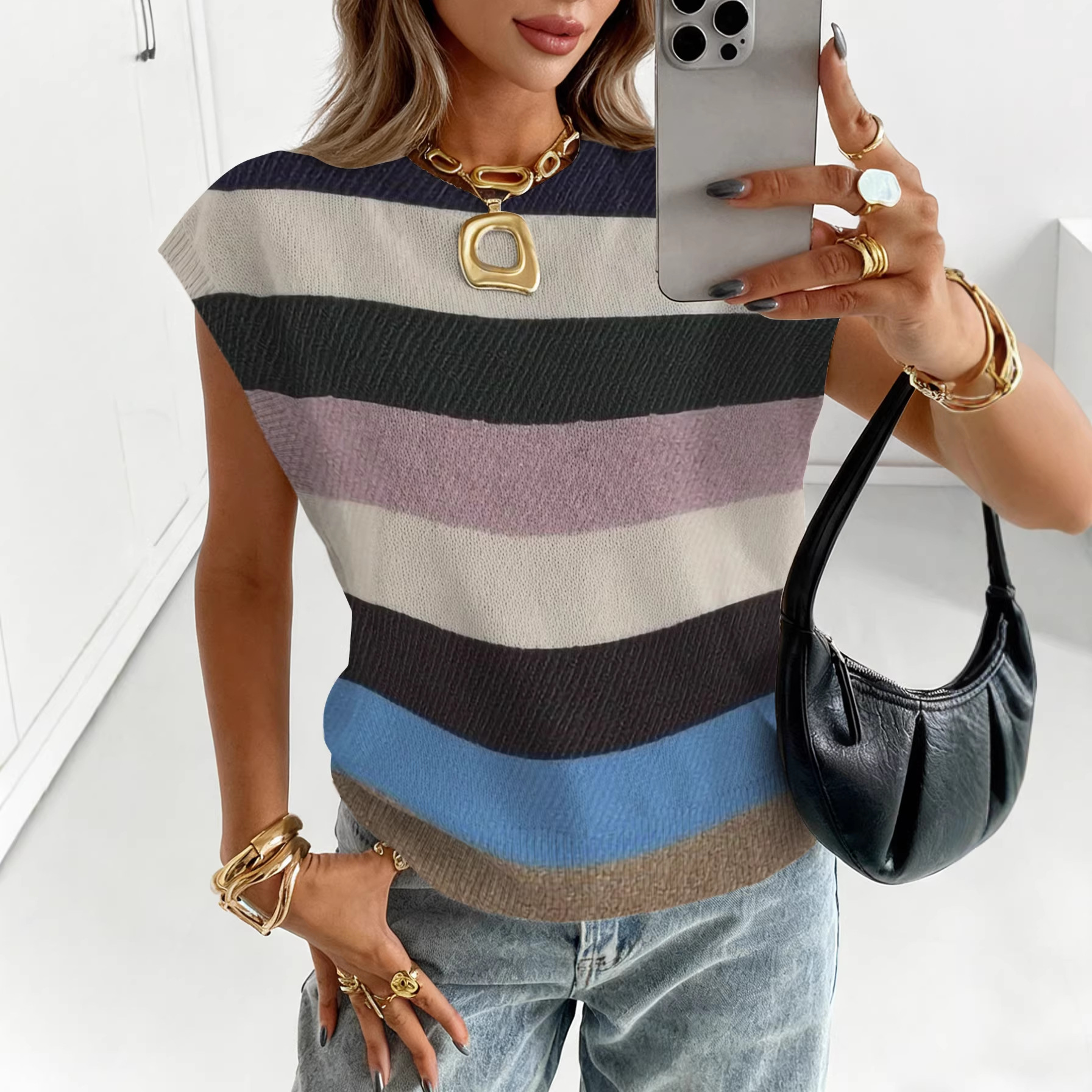 Retro Color-Block Striped Knitted Vest Women's Loose Top
