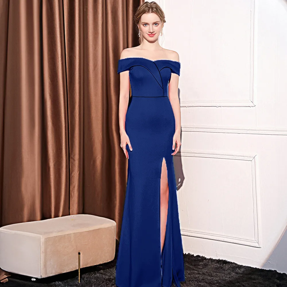 Women's Off-shoulder Slim-fit Elegant Ladies Banquet Dinner Long Fish Tail Skirt - Purplish Blue
