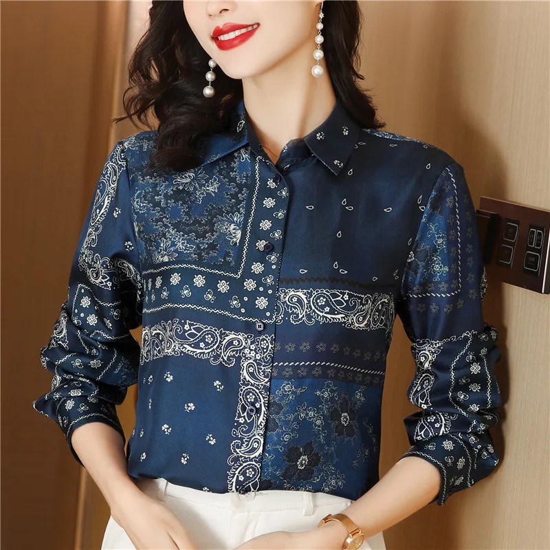 Printed Stitching Pattern Design Contrast Color Twill Shirt - Blue