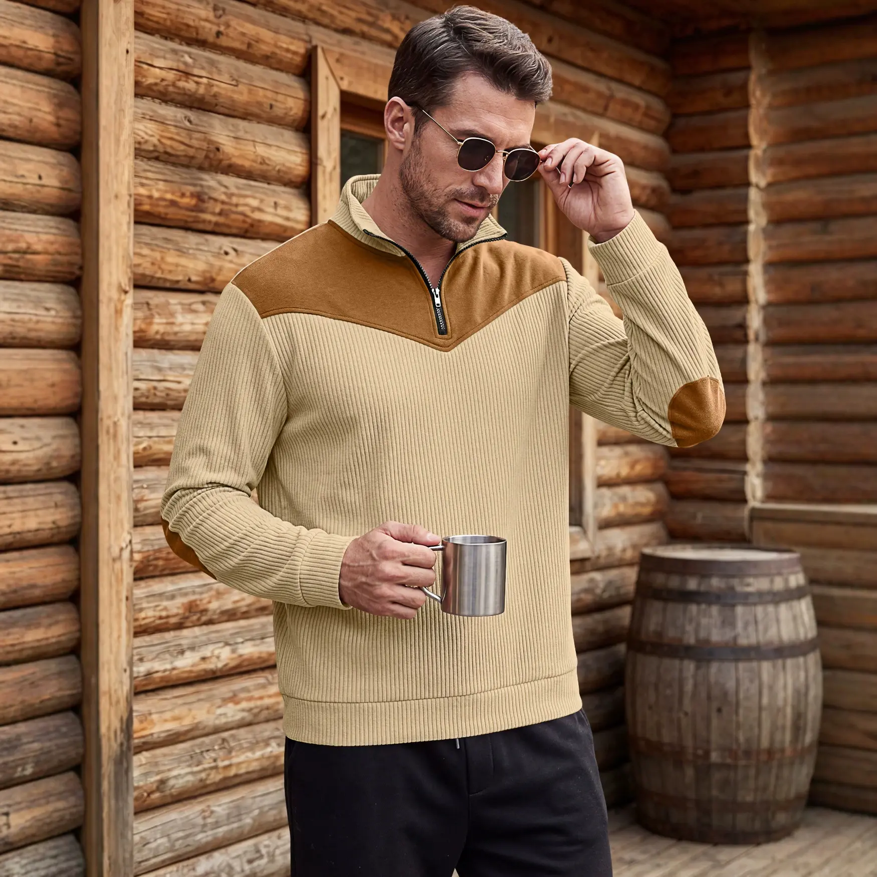 Mens Stand-Neck Hoodie Long-Sleeve Sweatshirt