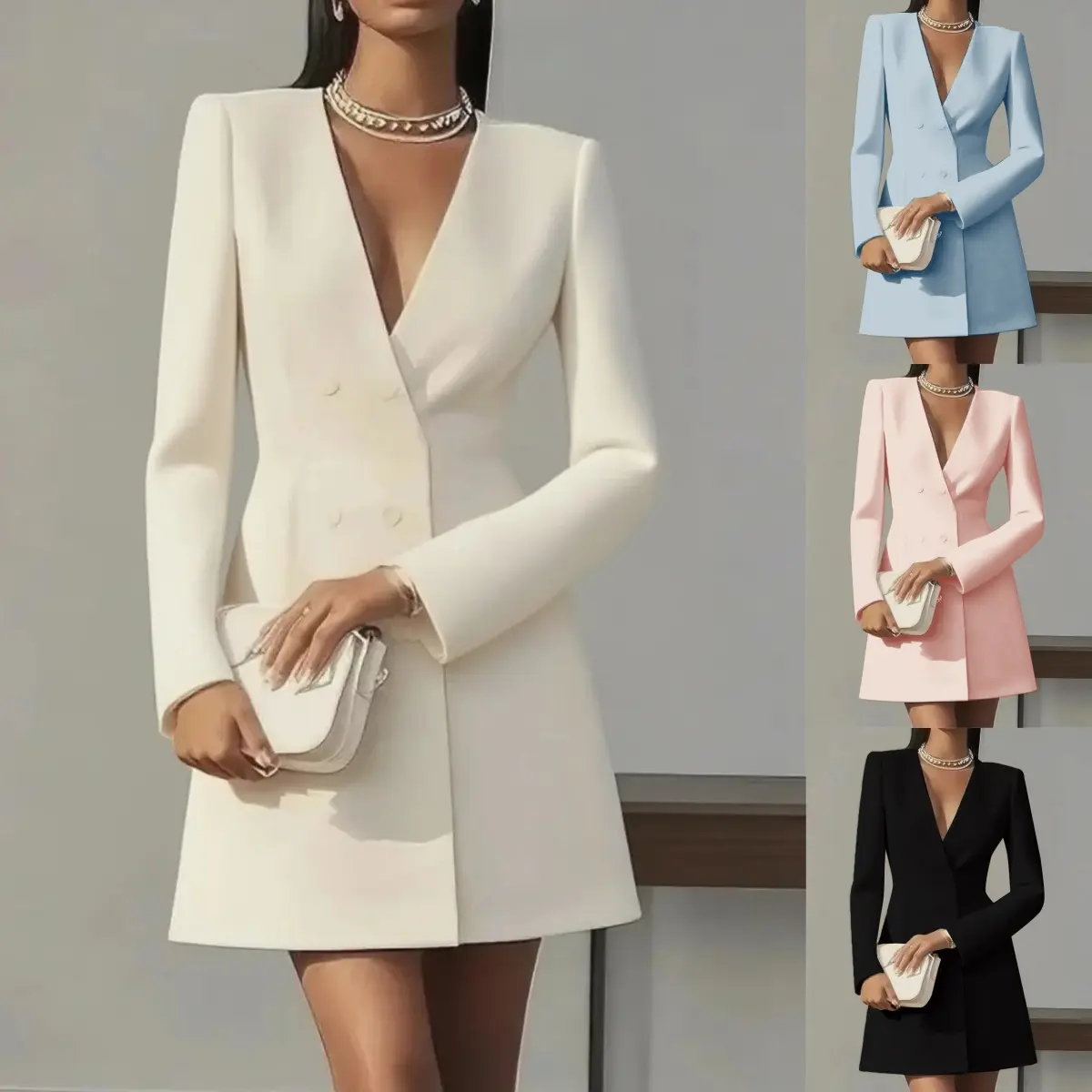 Solid-color V-neck Suit-style French Dress