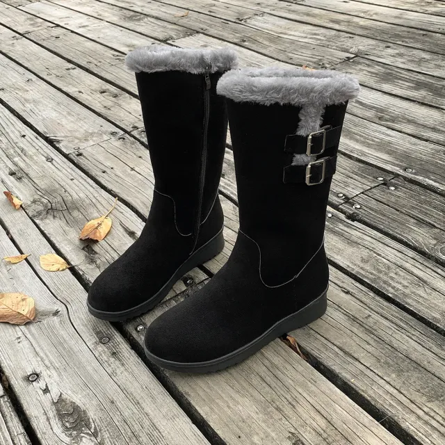 Fleece lined Thick Mid calf Martin Boots Wedge Heel Black - Shop at LoveMi