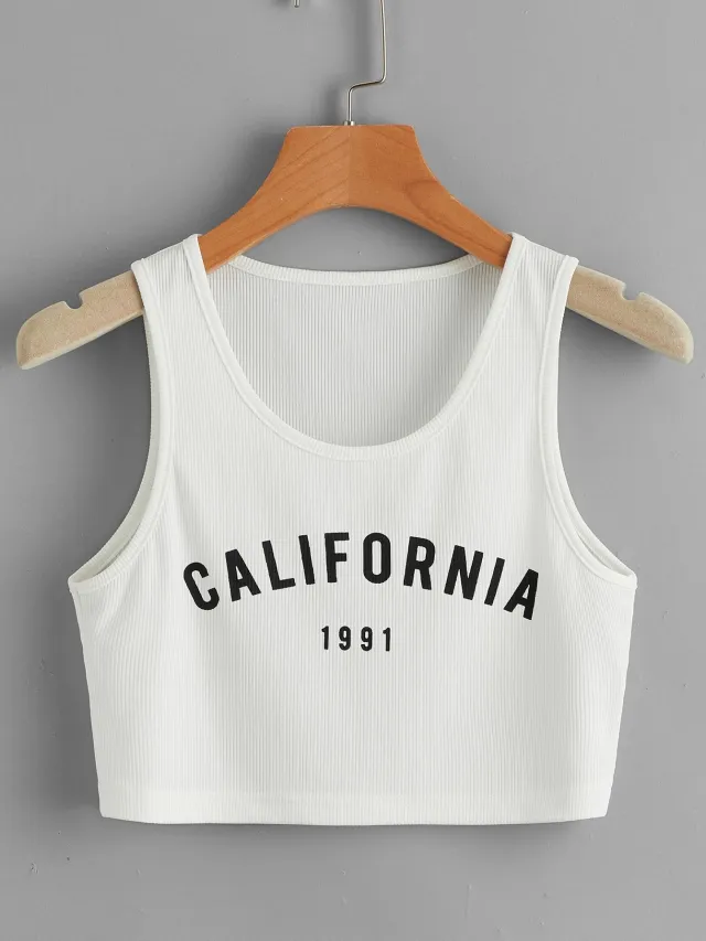 Summer European And American Sports Style With Letters Slim Round Neck Shoulder Strap Sleeveless Vest For Women White - Shop at LoveMi