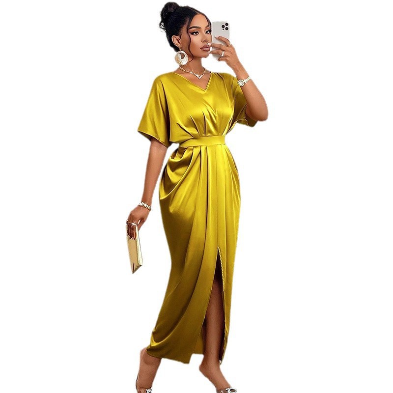 V-neck Short Sleeve High Waist One-step Slit Dress