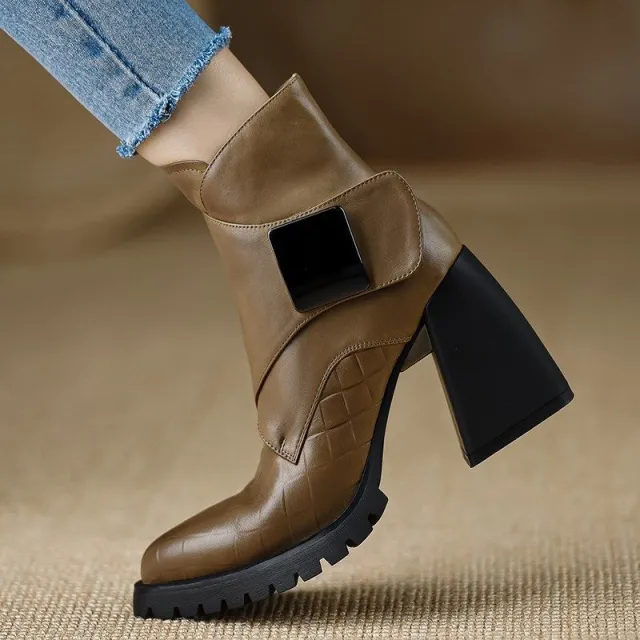 Retro Soft Sole Chunky Heel Ankle Boots For Women Khaki - Shop at LoveMi