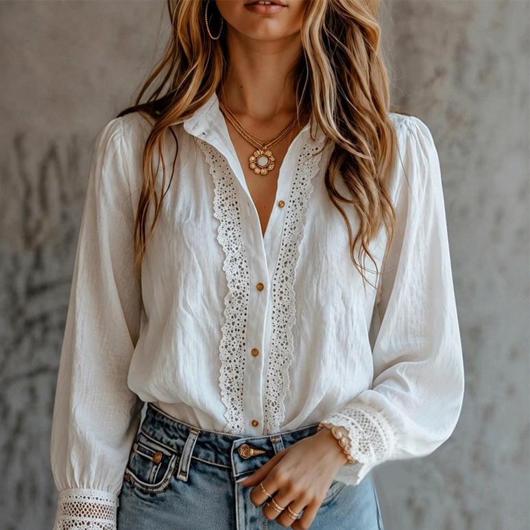 Fashionable Lace-Panel Long-Sleeve Button-Down Shirt For Women