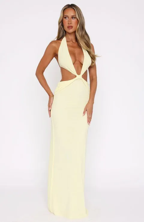 Deep V Midriff Outfit Backless Dress Yellow - Shop at LoveMi