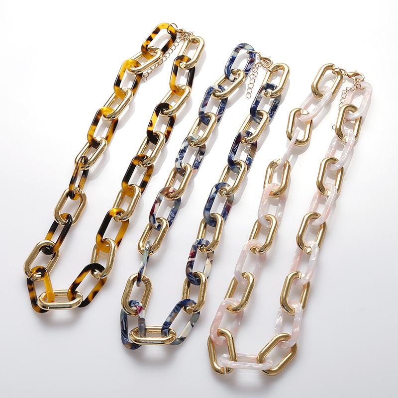 Acetate Acrylic Metal Buckle Stitching Leopard Print Plate Short Necklace