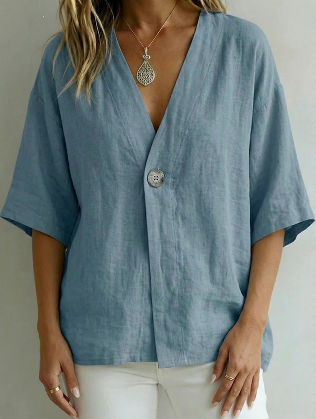 SpringSummer Womens Casual Loose-Fit Solid-Color V-Neck Top With Buttons